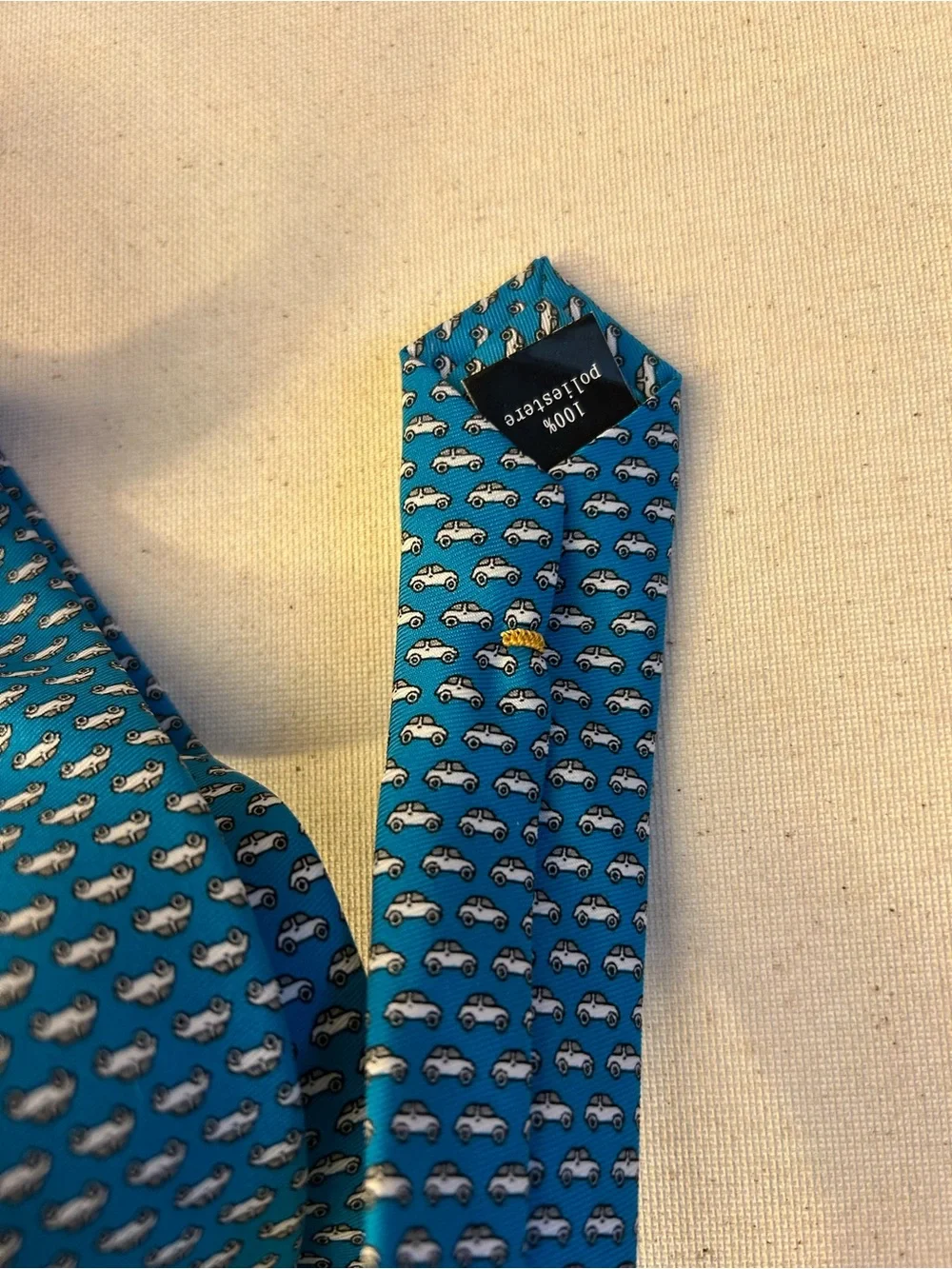 Beep beep Turquoise & White Micro-Car Pattern Tie - New